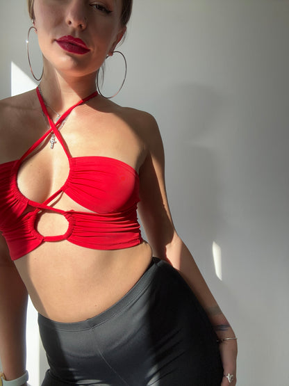 Red Halter Tie Bralette Crop Top