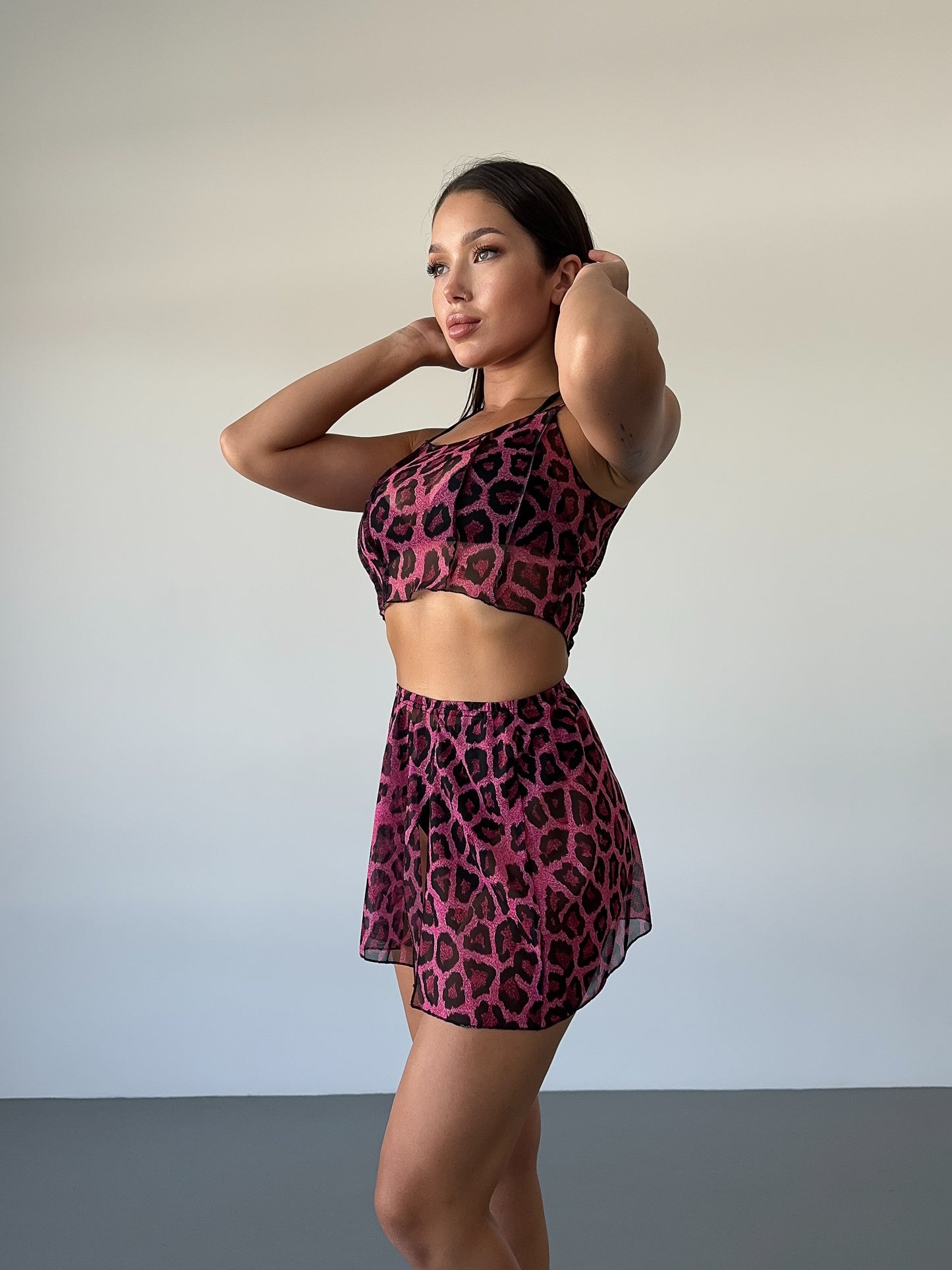 Pink Leopard Mesh Strappy Crop Top