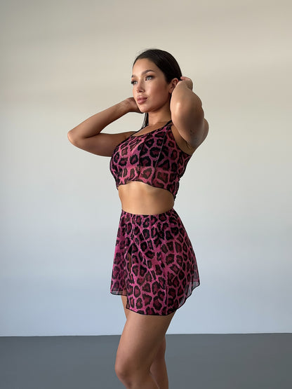 Pink Leopard Mesh Strappy Crop Top