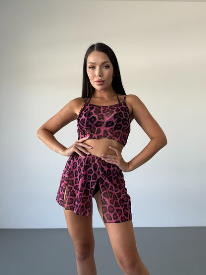 Pink Leopard Mesh Strappy Crop Top