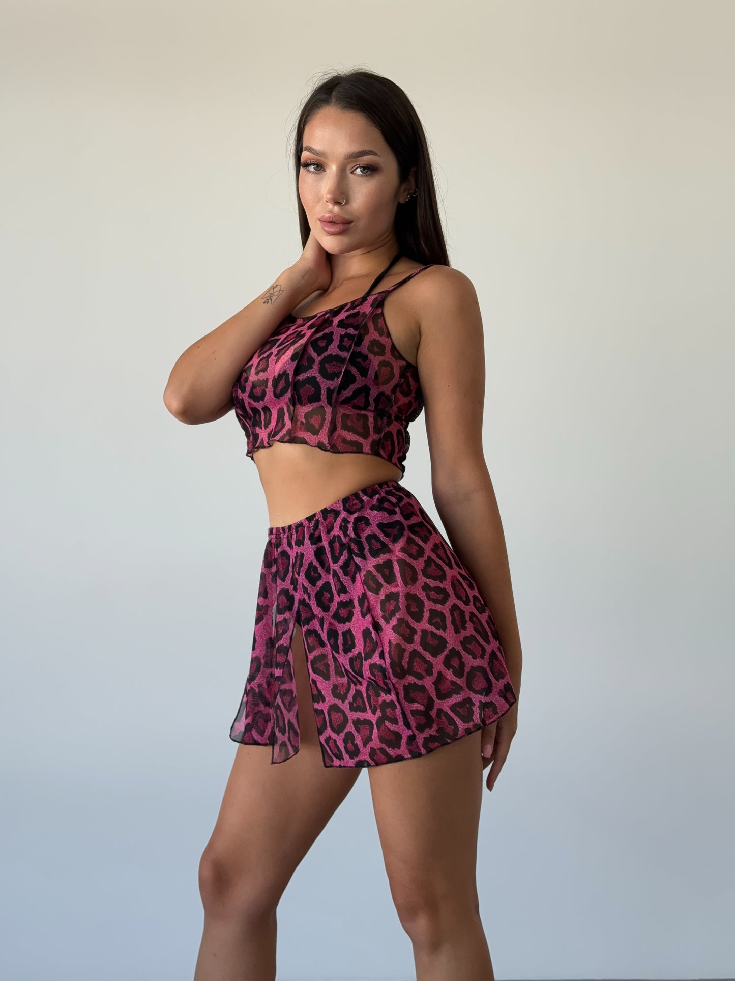 Pink Leopard Mesh Strappy Crop Top