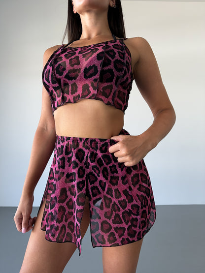 Pink Leopard Mesh Strappy Crop Top
