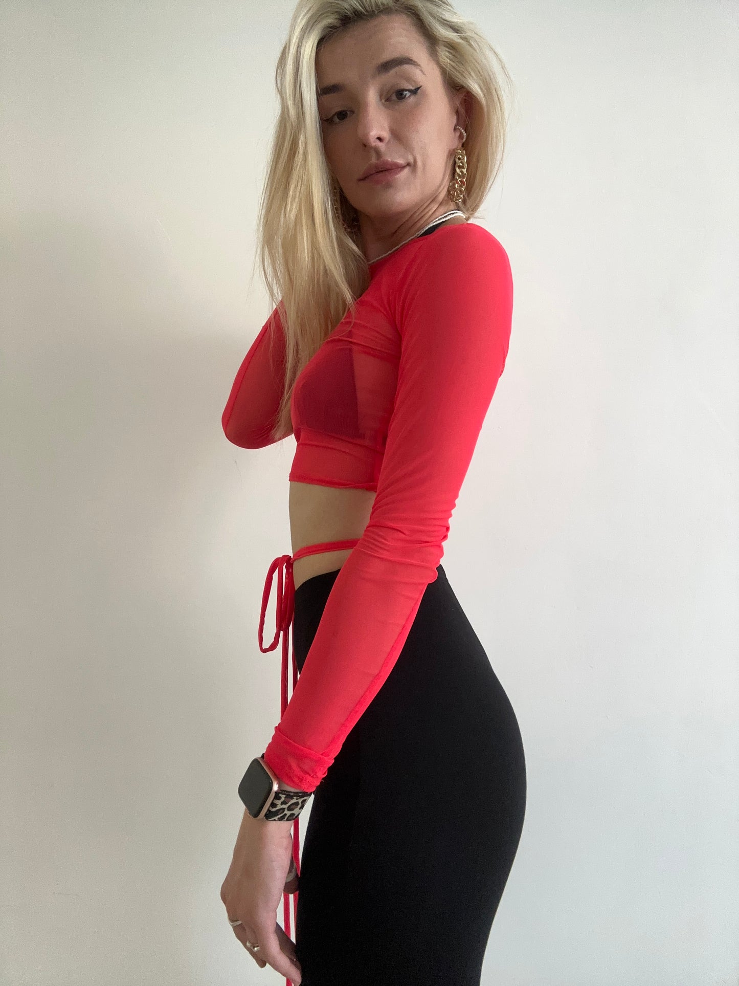 Red Mesh Long Sleeve Crop Top