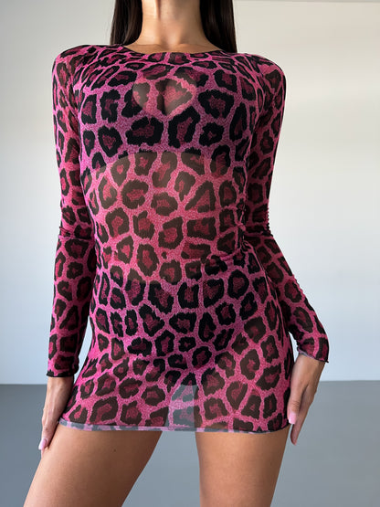 Pink Sheer Mesh Backless Mini Dress