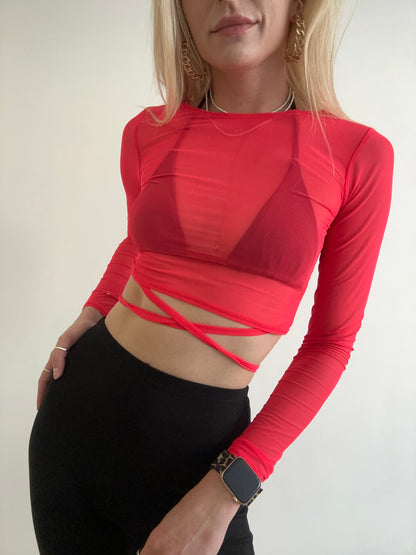 Red Mesh Long Sleeve Crop Top