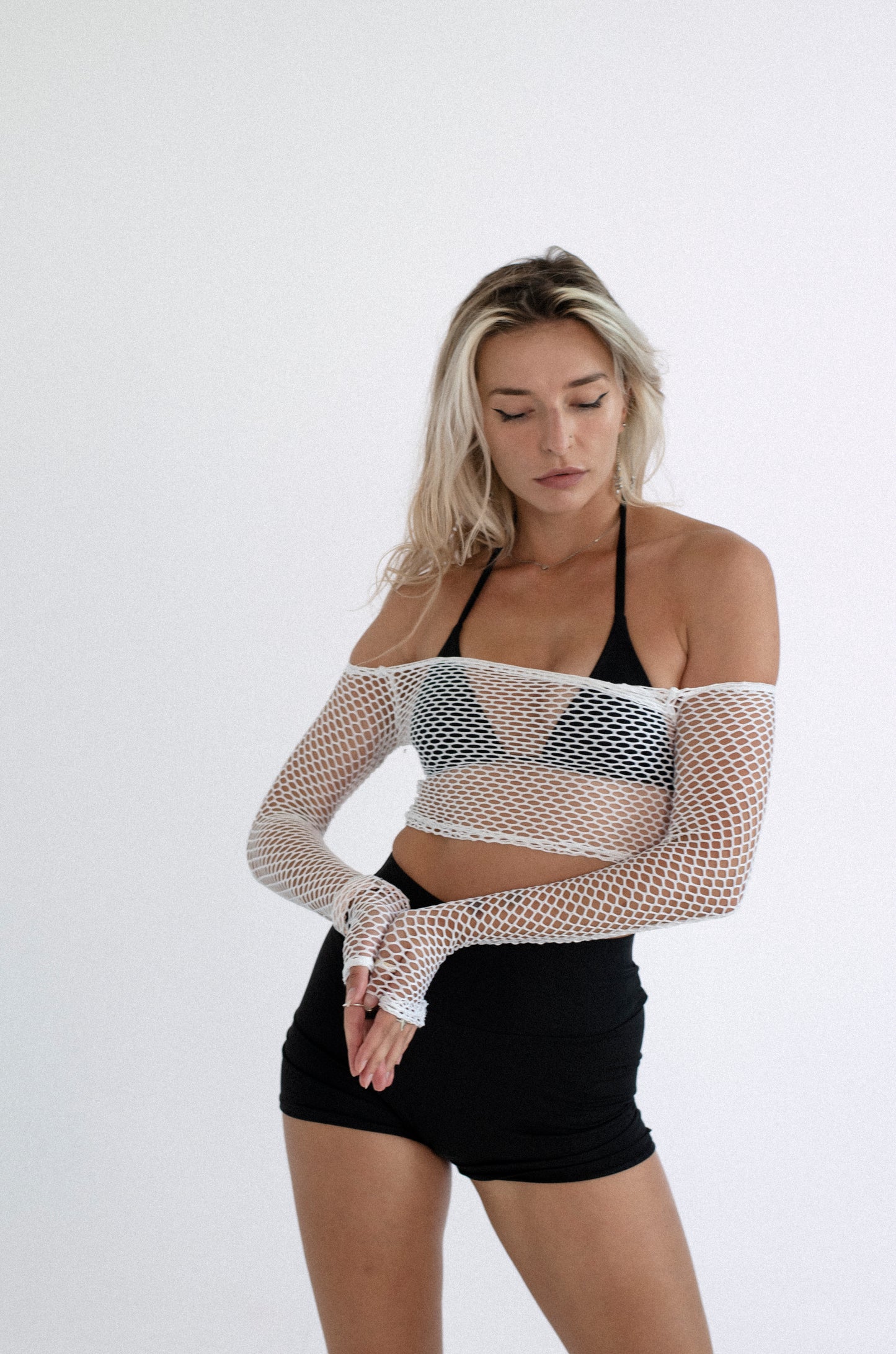 White Fishnet Off Shoulder Top