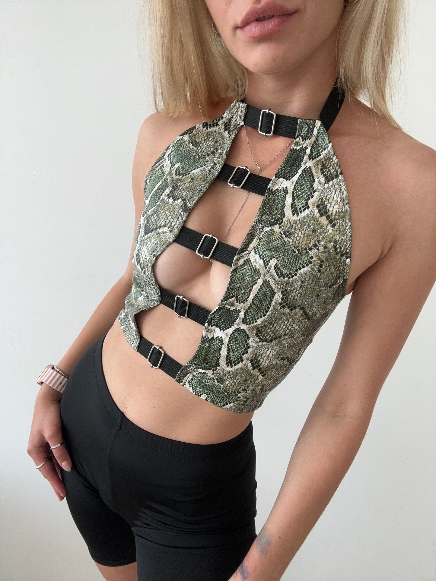 Green python eco leather crop top | decollete tank corset