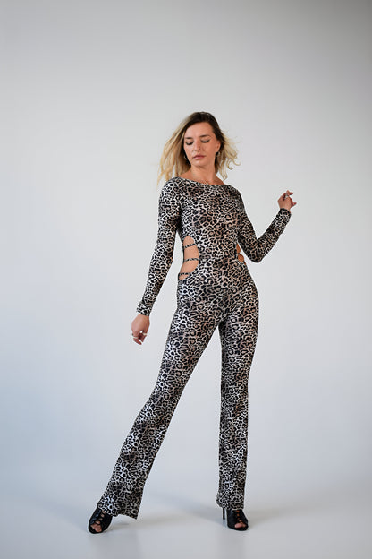 Leopard Print Backless Long Sleeve Jumpsuit
