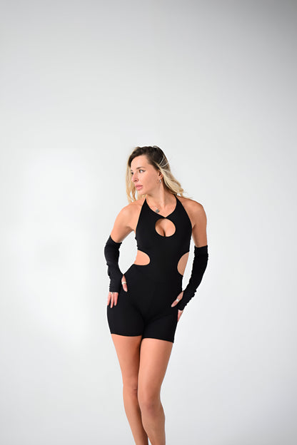 Black Rave Backless Jumpsuit with Detachable Sleeves