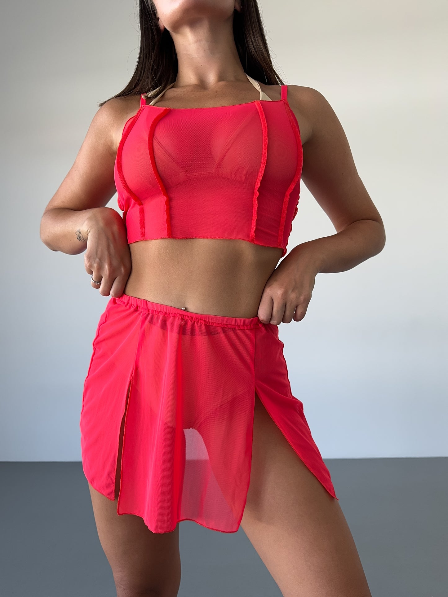 Red Mesh Strappy Crop Top