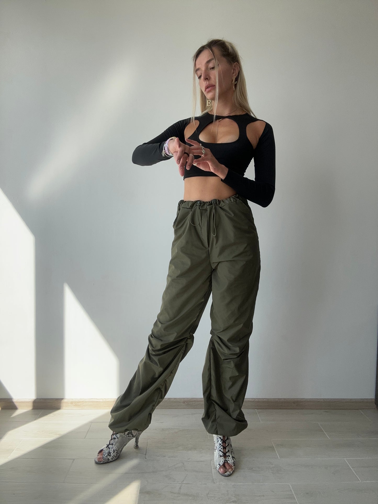 Khaki Cargo Wide Leg Pants