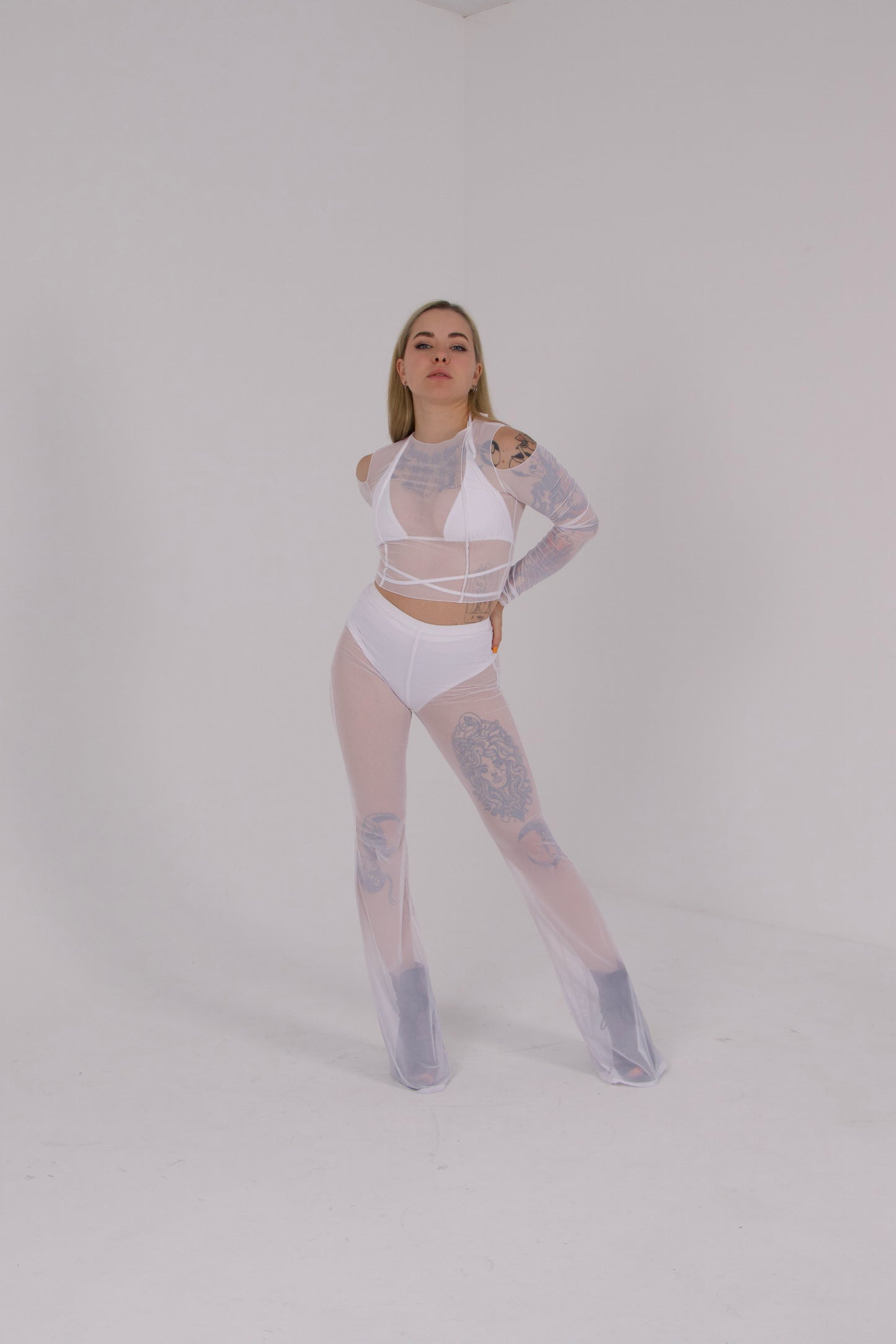 White Mesh Flared Pants