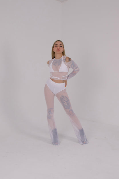 White Mesh Flared Pants