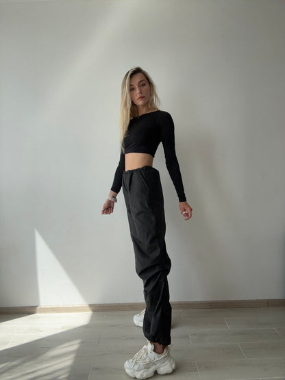Black Cargo Wide Leg Pants