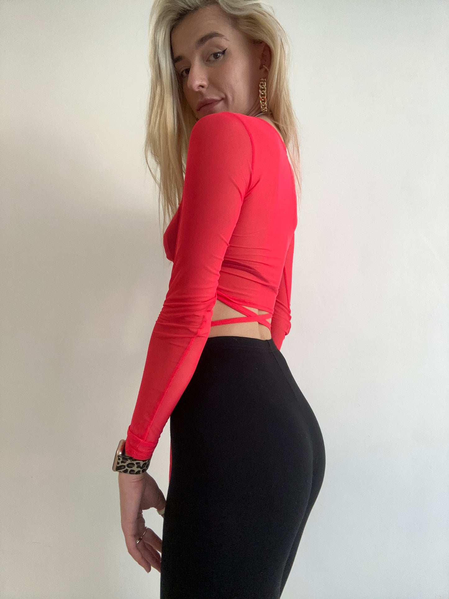 Red Mesh Long Sleeve Crop Top