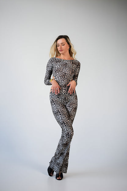 Leopard Print Backless Long Sleeve Jumpsuit