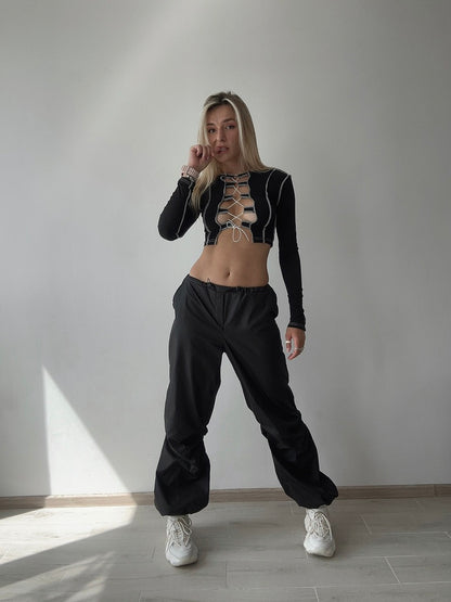 Black Ribbed Lace Up Dance Top