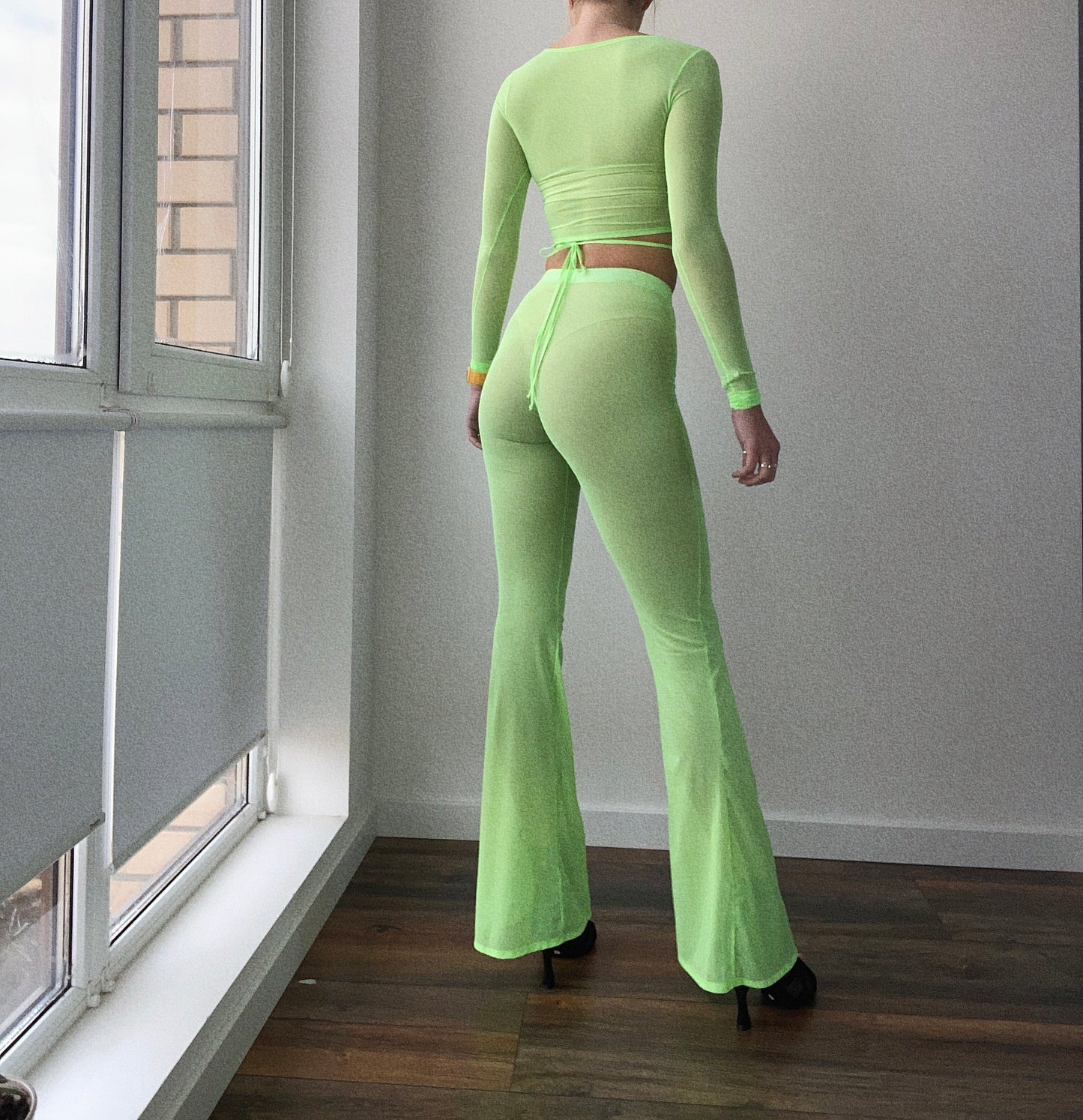 Neon Green Mesh Long Sleeve Crop Top