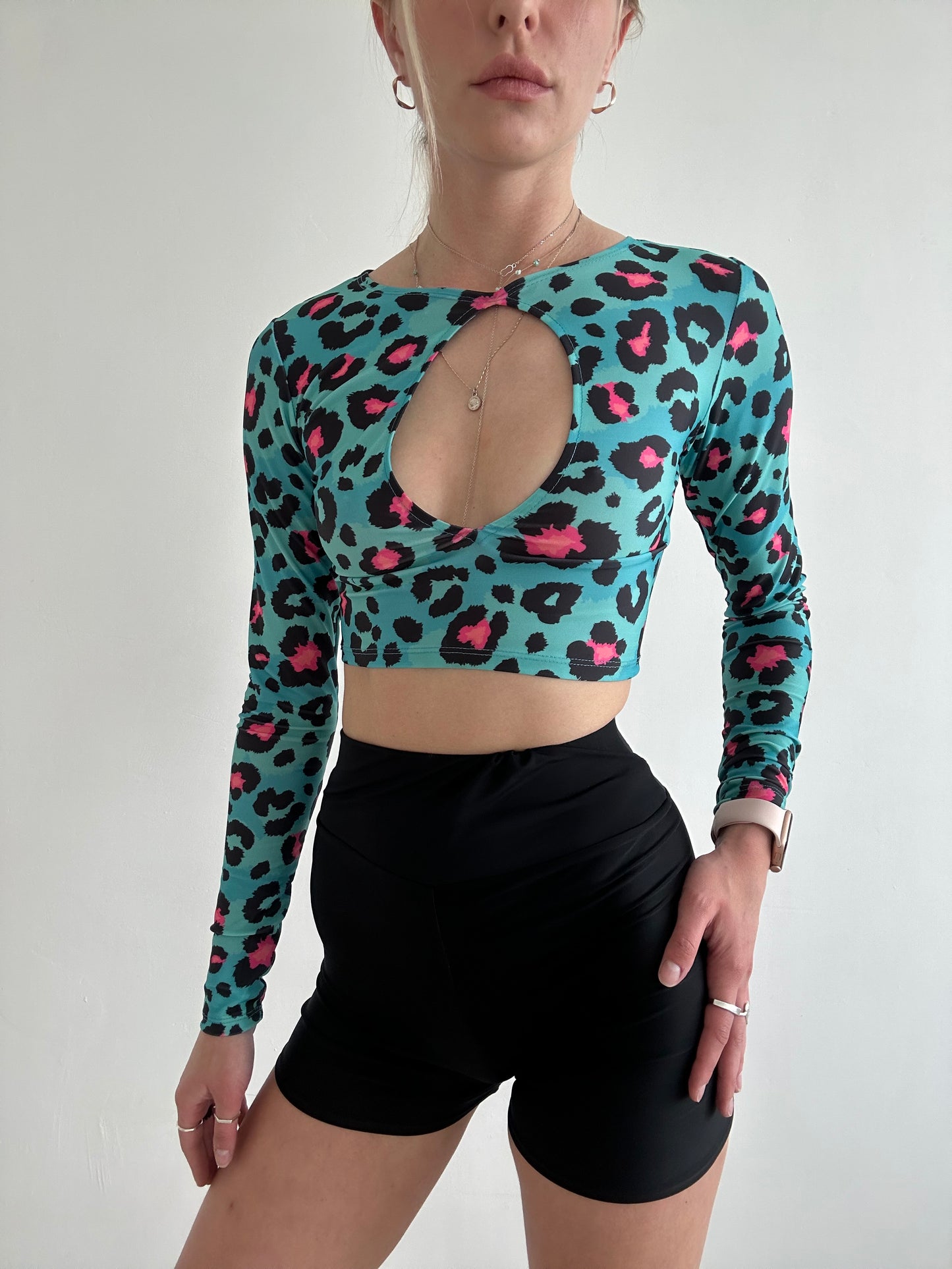 Blue Leopard Print Cut Out Crop Top