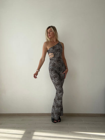 Leopard One Shoulder Backless Jumpsuit
