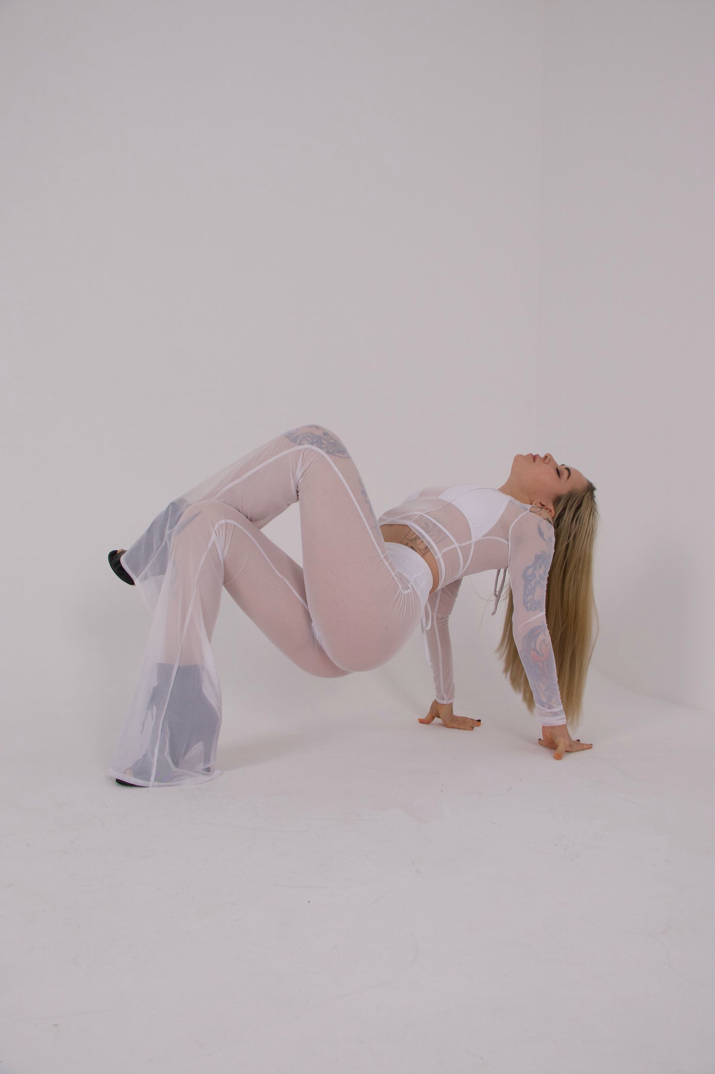 White Mesh Flared Pants