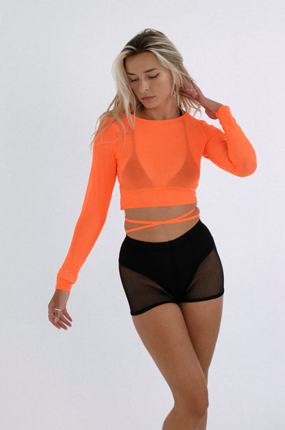 Neon Orange Mesh Tie Crop Top