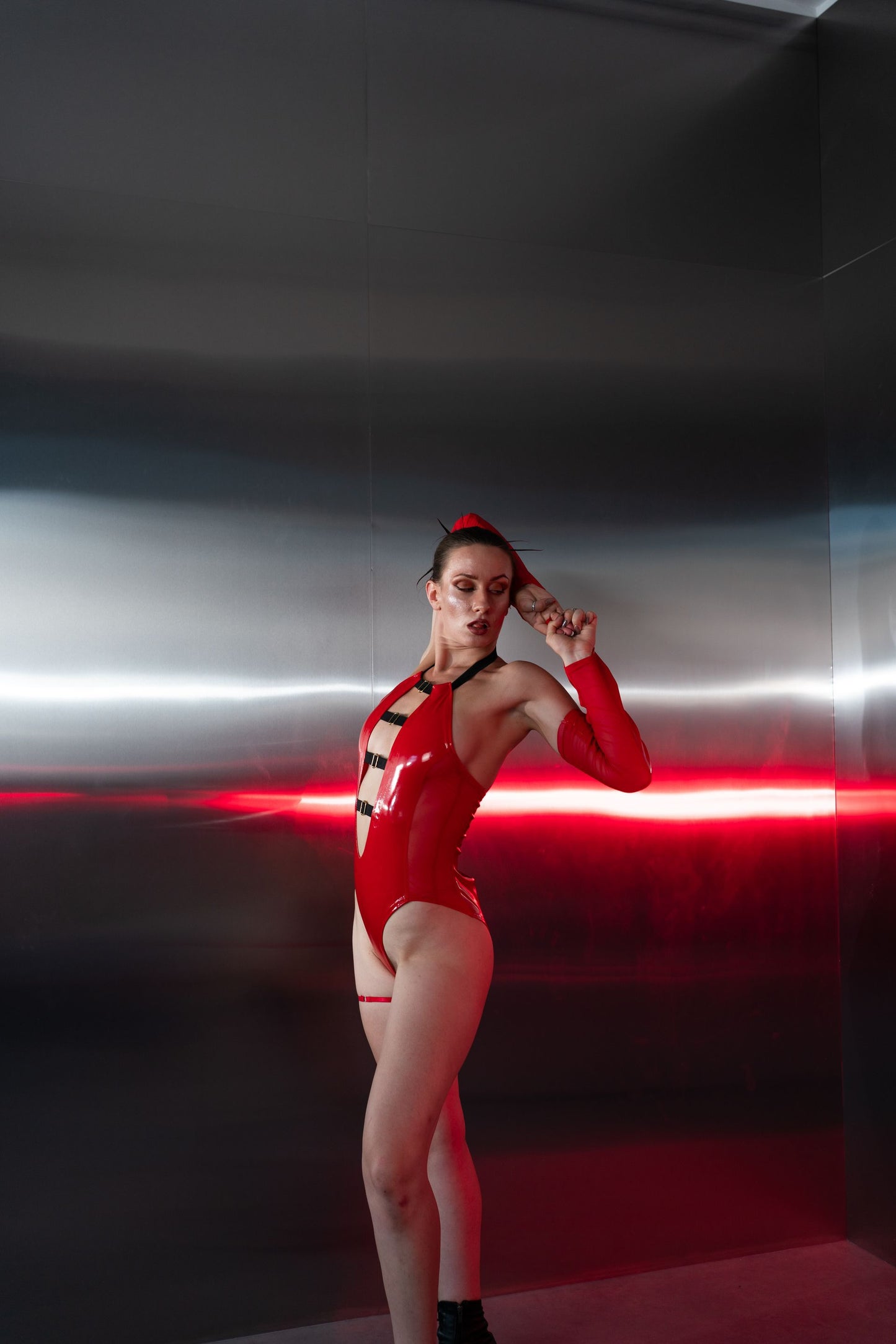 Red Latex Look Cutout Bodysuit