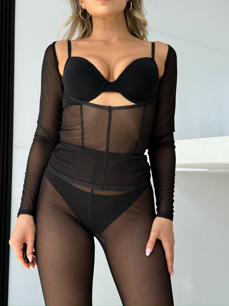 Black Sheer Mesh Cut Out Top