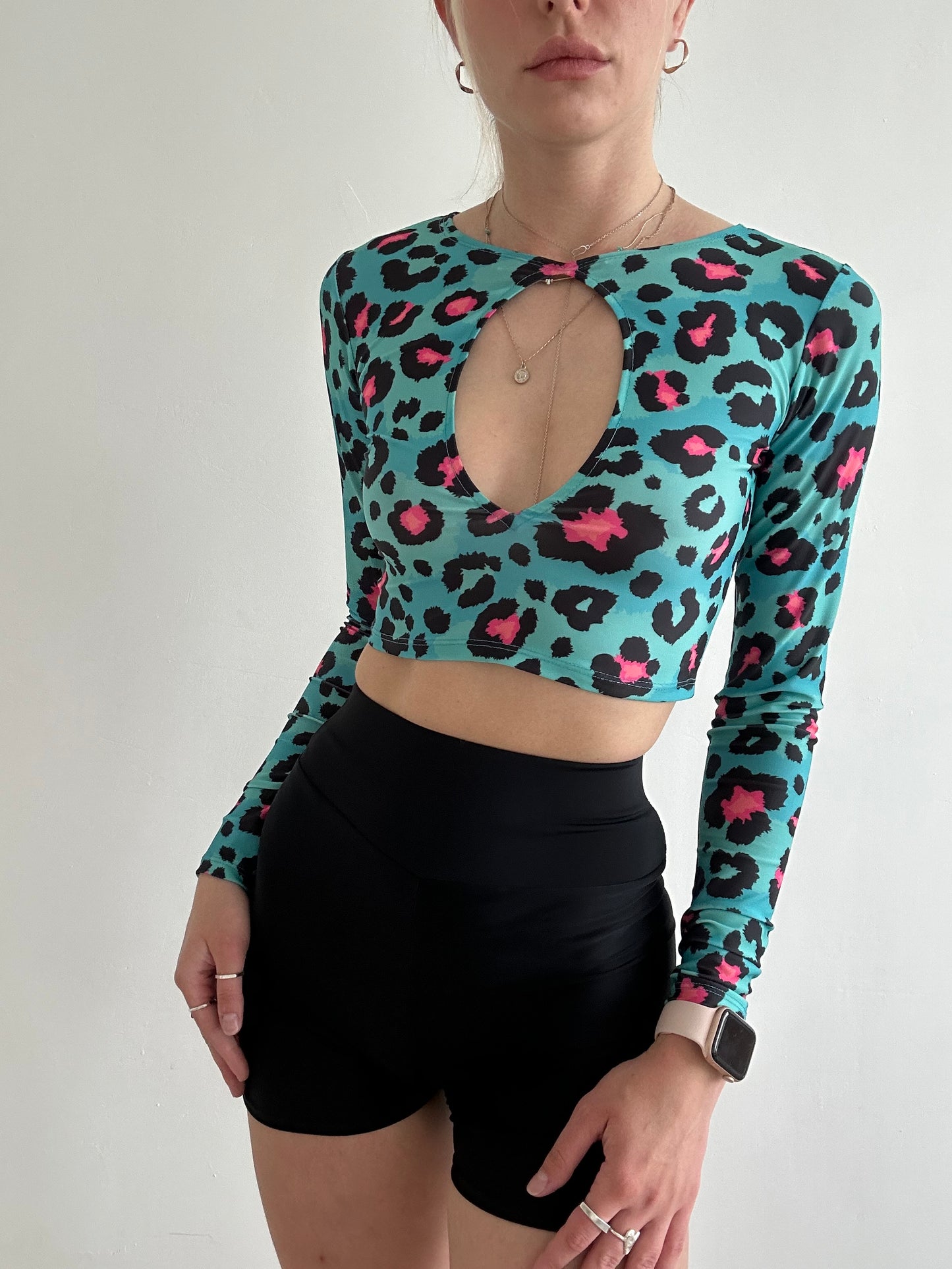 Blue Leopard Print Cut Out Crop Top