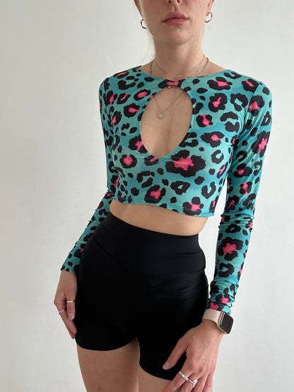 Blue Leopard Print Cut Out Crop Top