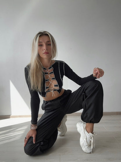 Black Ribbed Lace Up Dance Top