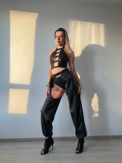 Black Leather Cut Out Pants