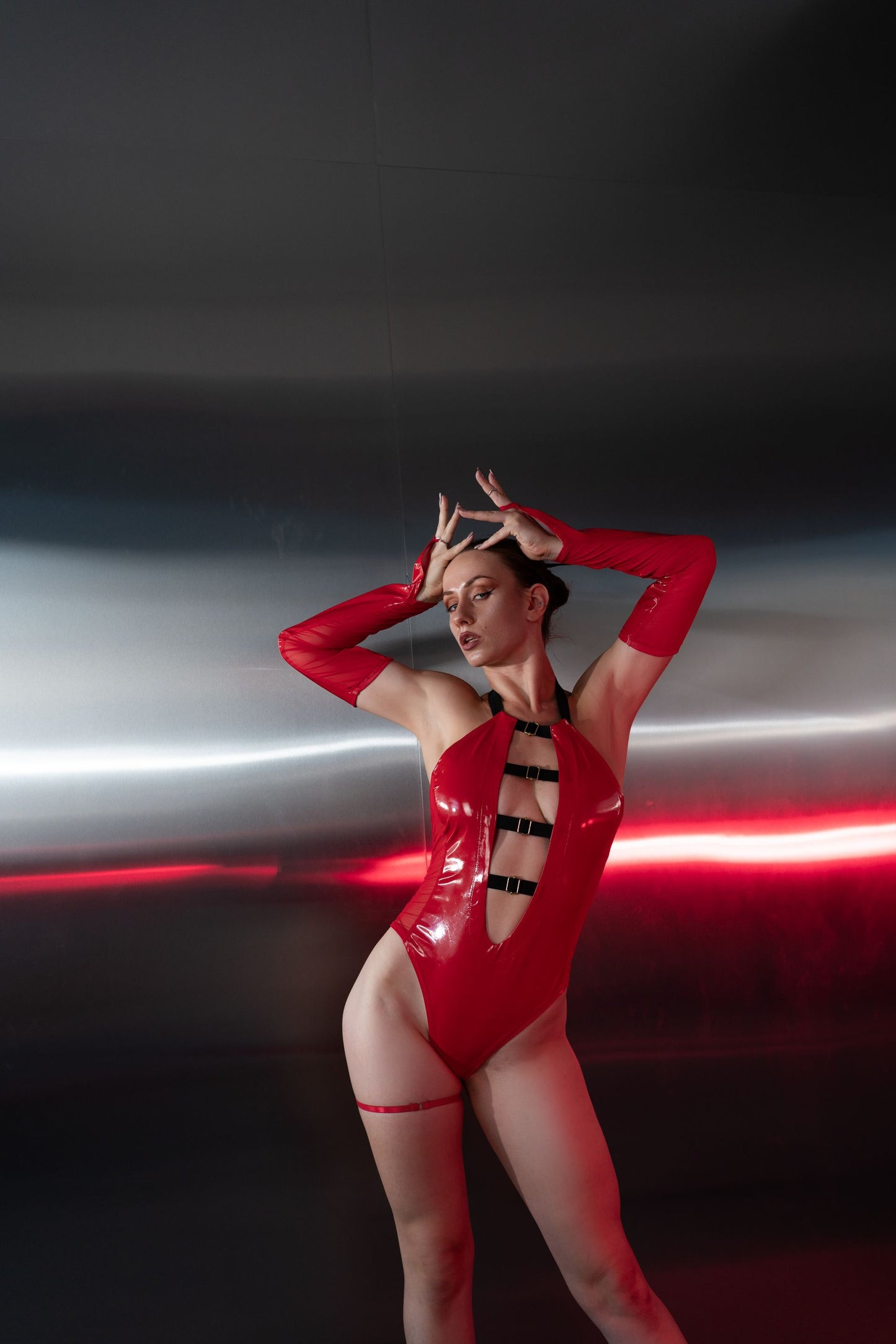 Red Latex Look Cutout Bodysuit