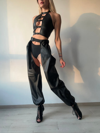 Black Leather Cut Out Pants