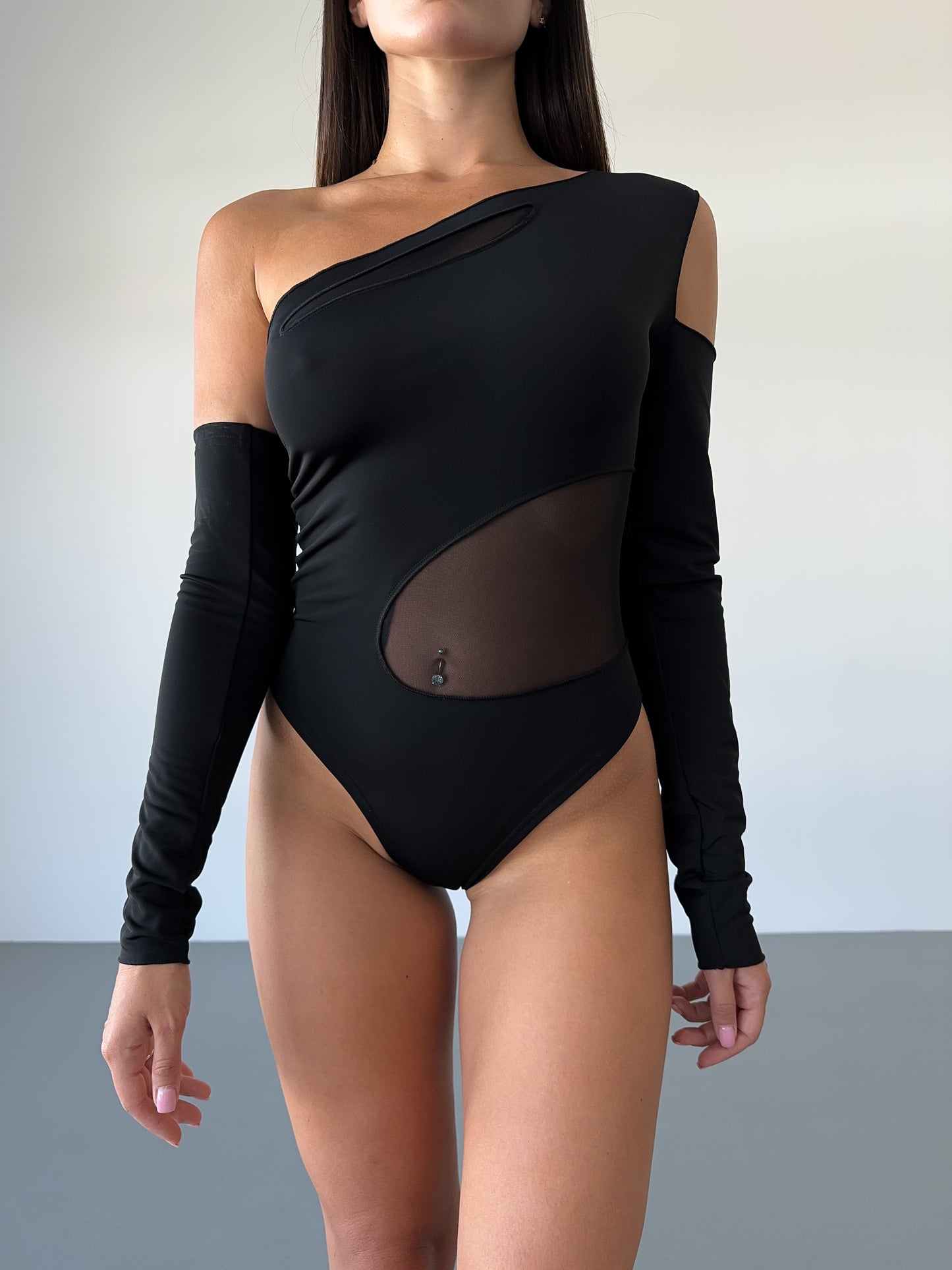 Black Matte Bodysuit with Wave Mesh Panels