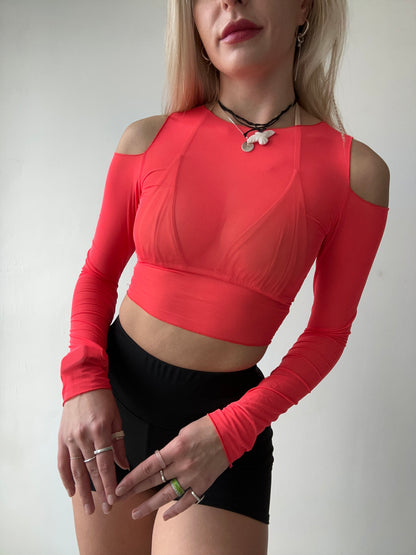 Red Off Shoulder Mesh Crop Top
