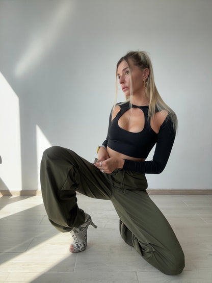 Khaki Cargo Wide Leg Pants