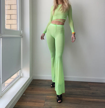 Neon Green Mesh Long Sleeve Crop Top
