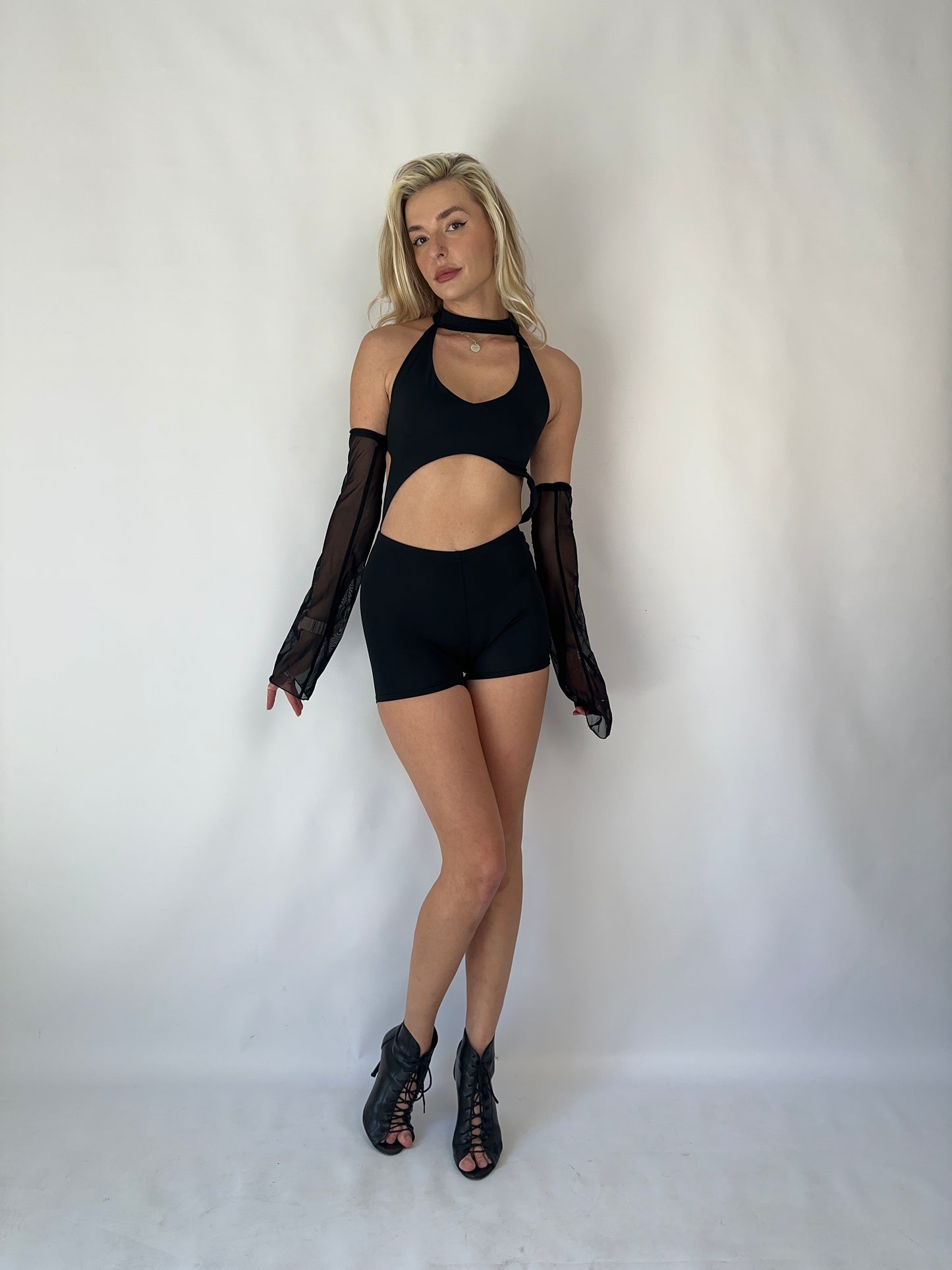 Black Rave Backless Jumpsuit with Mesh Sleeves