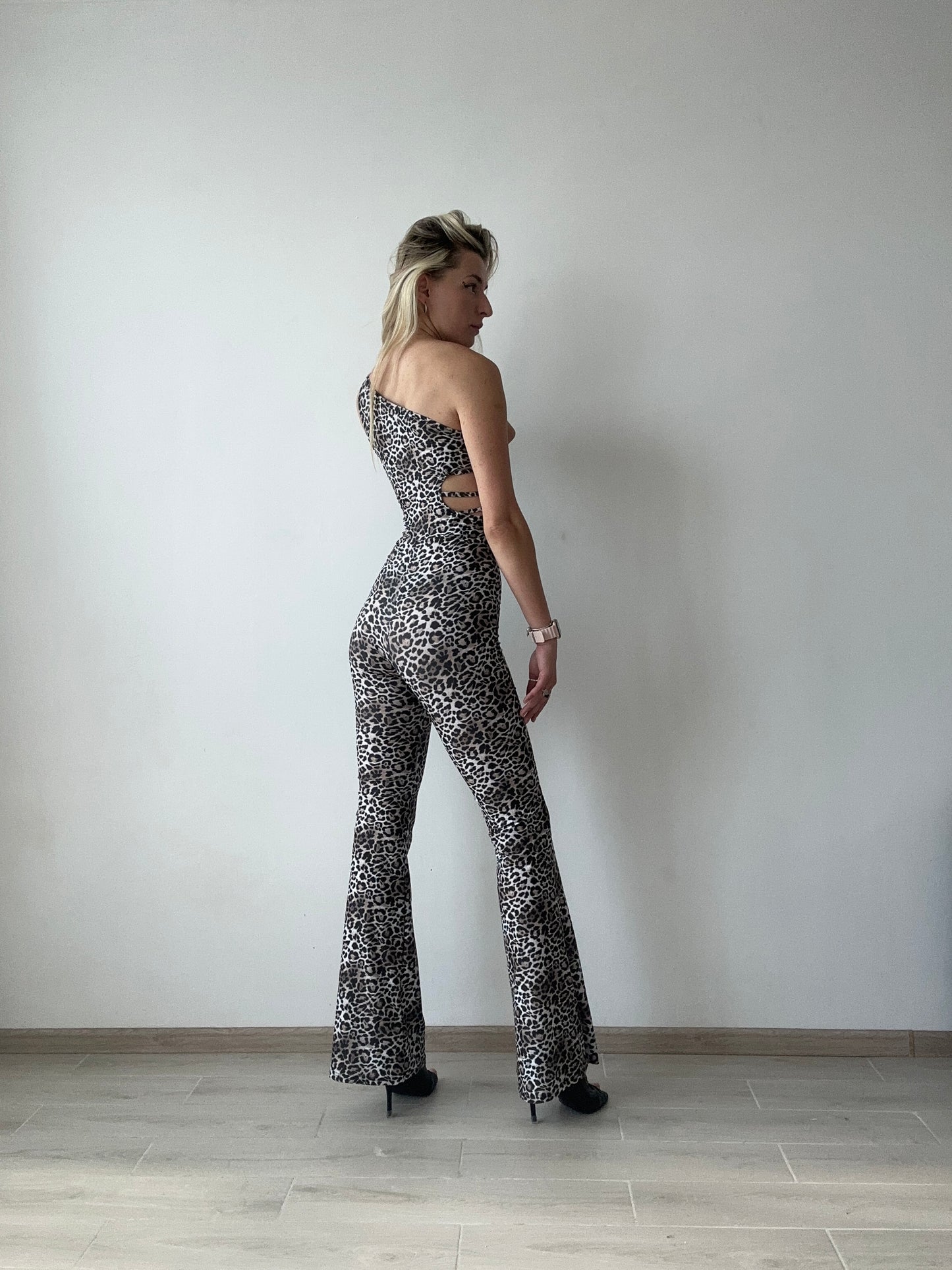 Leopard One Shoulder Backless Jumpsuit