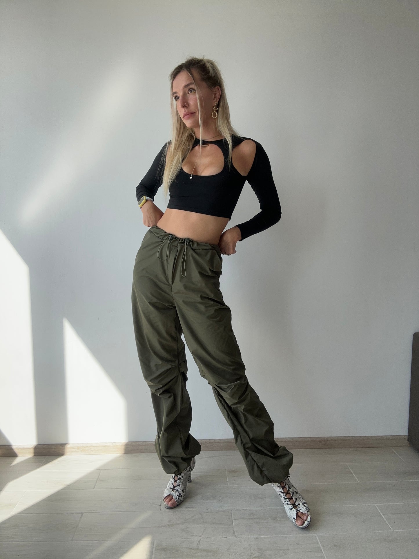 Khaki Cargo Wide Leg Pants