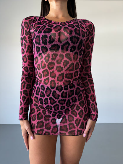 Pink Sheer Mesh Backless Mini Dress