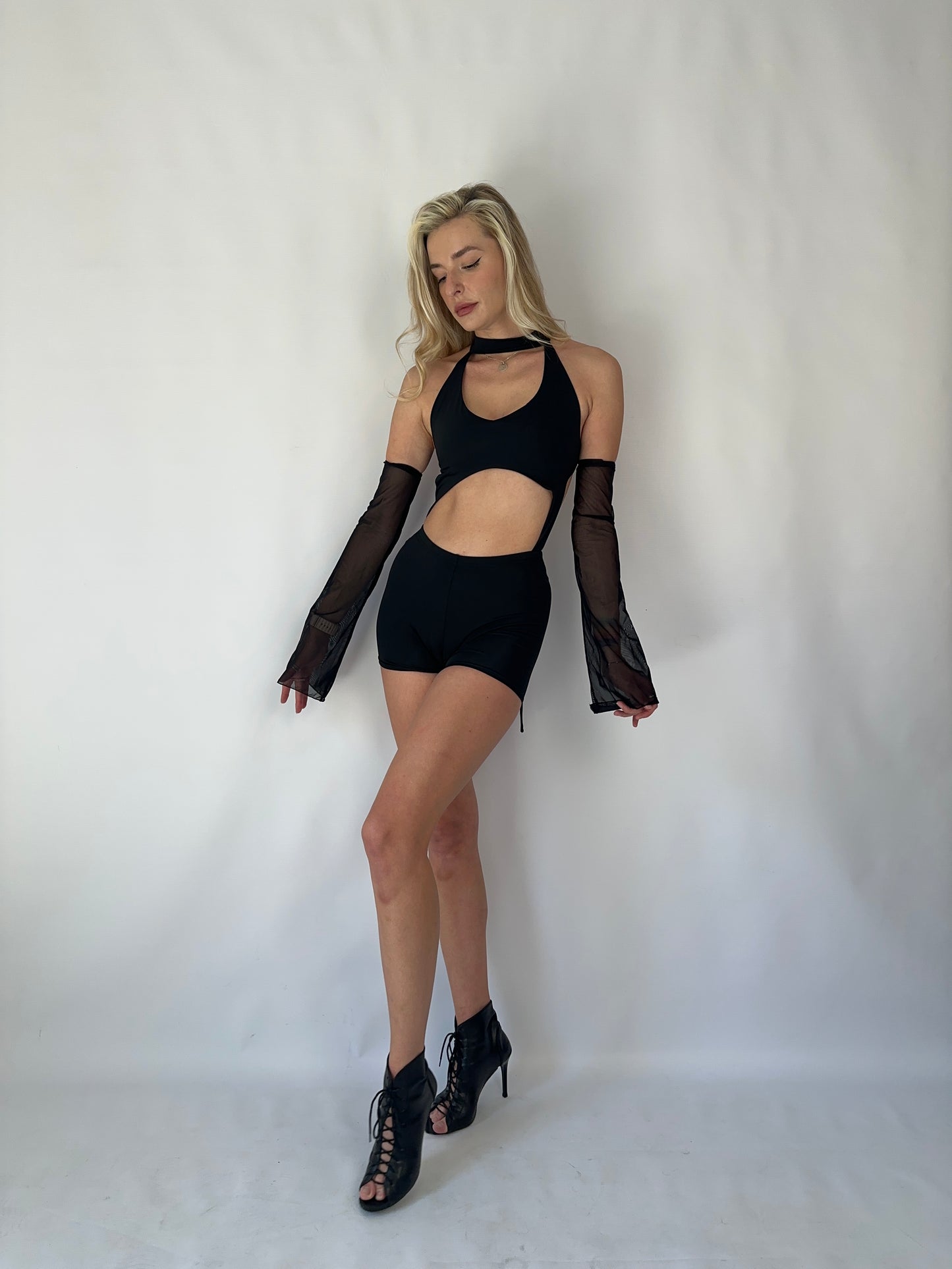 Black Rave Backless Jumpsuit with Mesh Sleeves