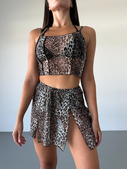 Beige Leopard Mesh Strappy Crop Top