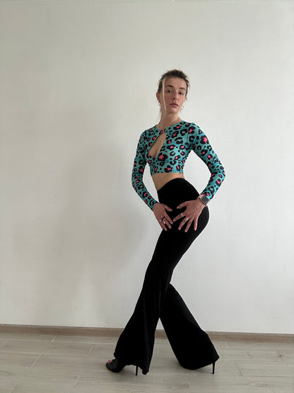 Blue Leopard Print Cut Out Crop Top