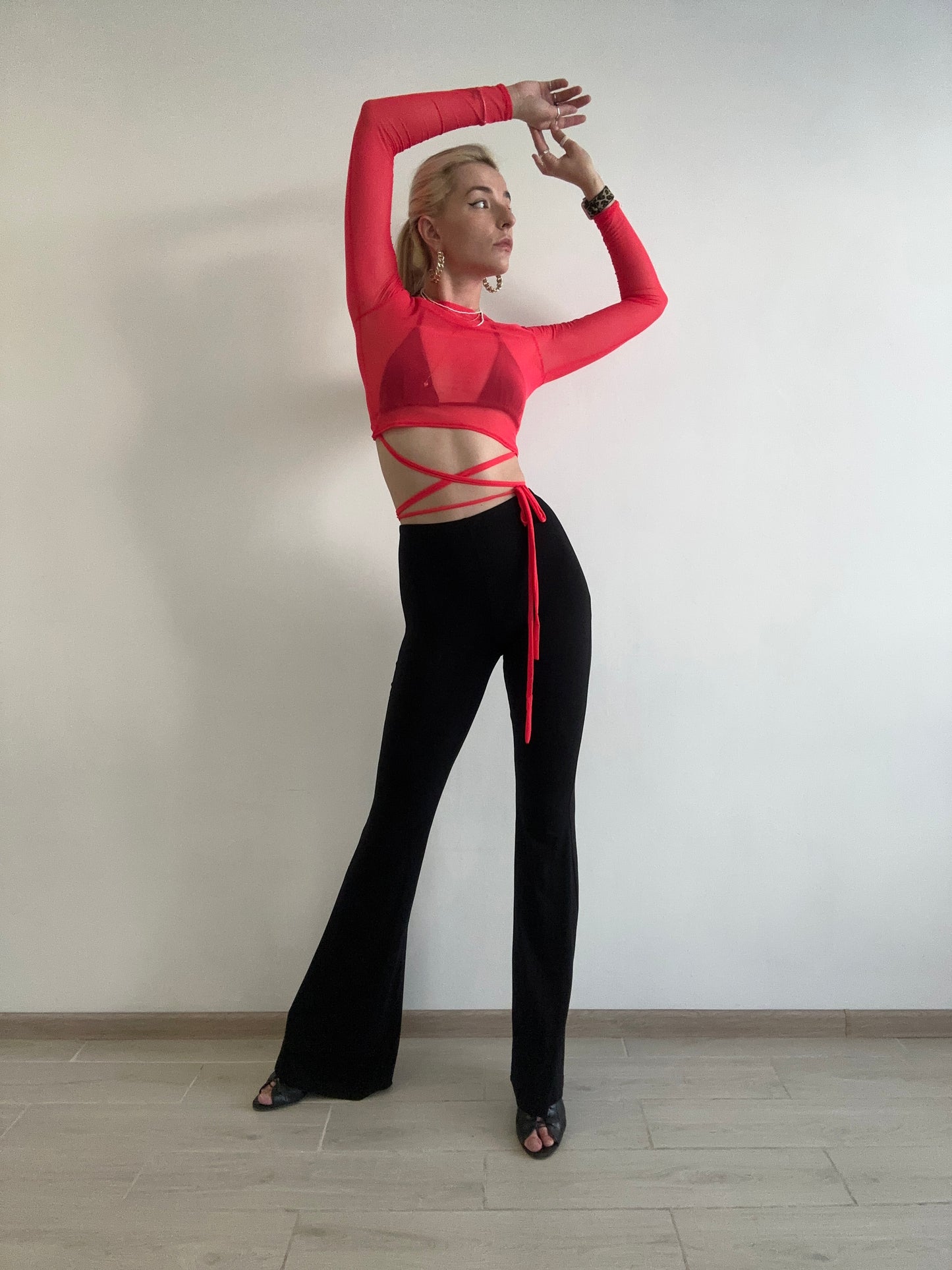 Red Mesh Long Sleeve Crop Top