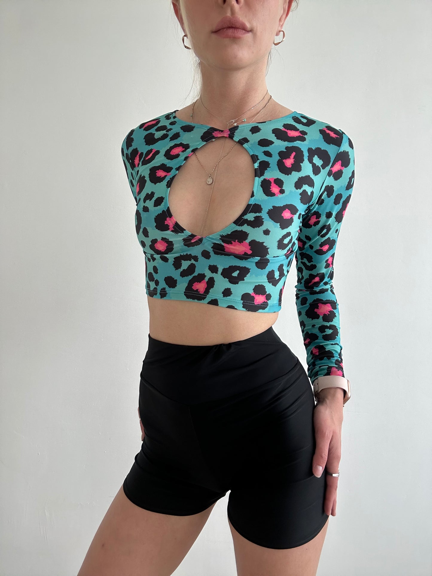 Blue Leopard Print Cut Out Crop Top