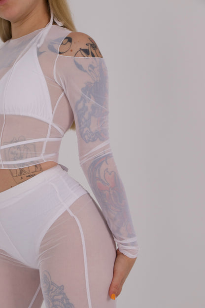 White Mesh Flared Pants