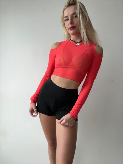 Red Off Shoulder Mesh Crop Top