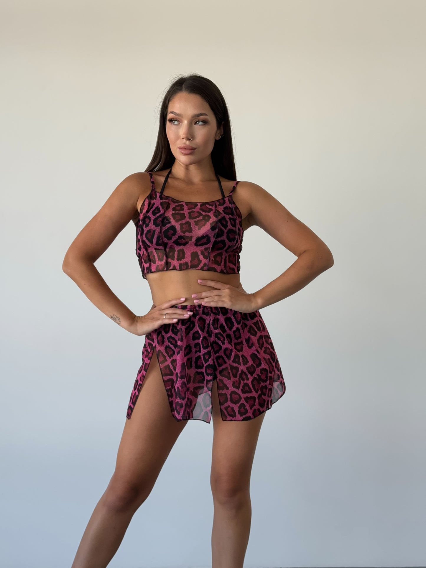 Pink Leopard Mesh Strappy Crop Top